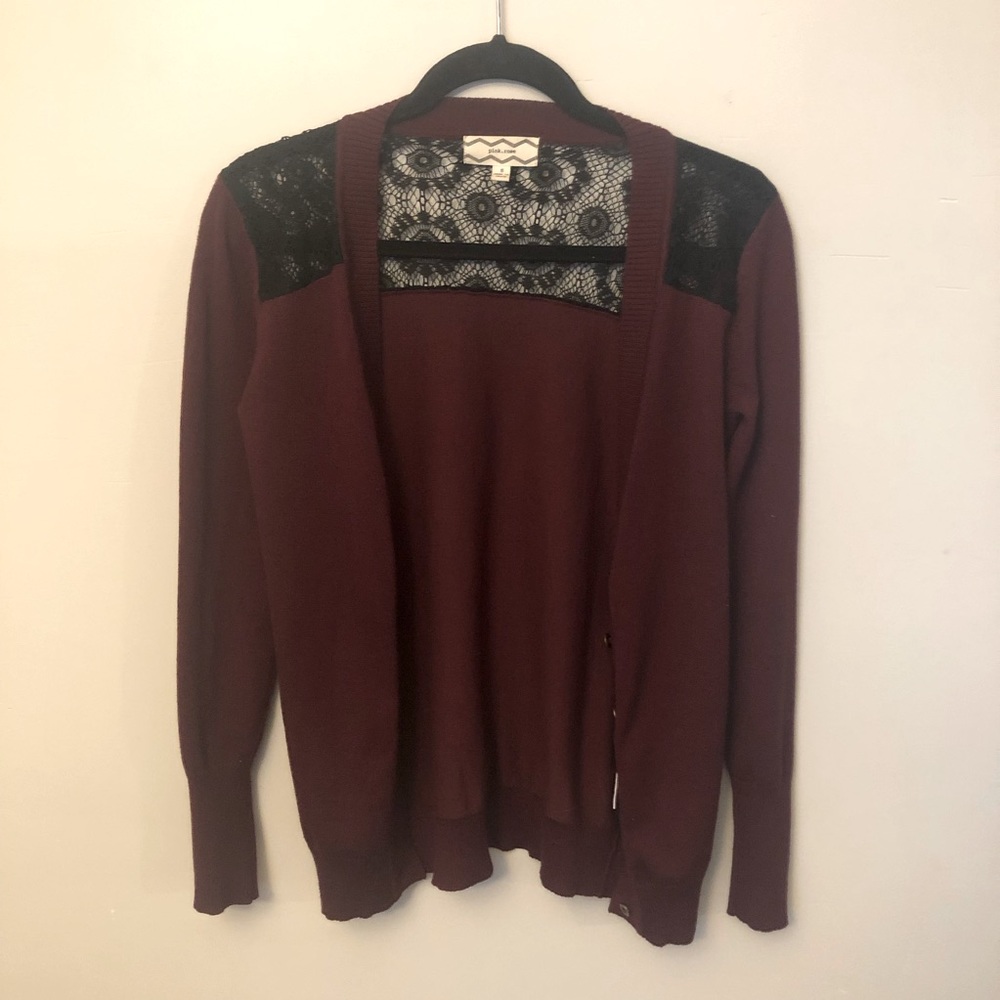 Burgundy Cardigan with Black Lace Details